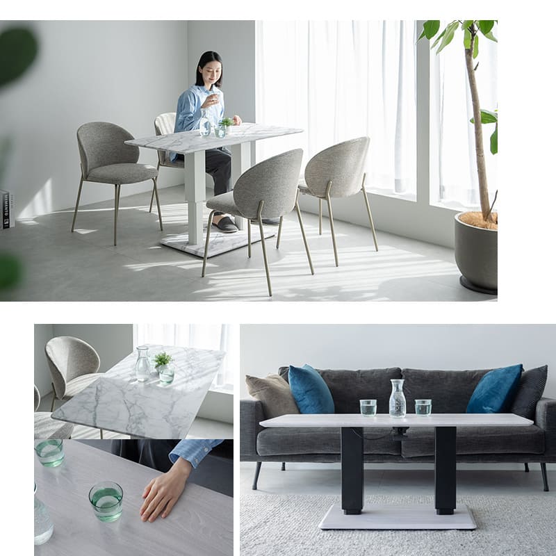 リフティングテーブル センターテーブル 幅120cm ガス圧昇降式 高さ調節可能 昇降式テーブル ダイニングテーブル 昇降式デスク 大理石調 木目調 二本脚 テーブル デスク 食事 仕事 リビング ダイニング