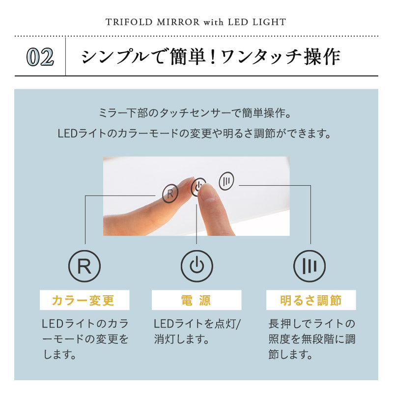LEDライト付き ドレッサー 3点セット 幅70cm 鏡台 ドレッサーテーブル パソコンデスク スツール 三面鏡 台座付き 閉じても使える 女優ミラー スタンド 大型 タッチパネル 椅子付き