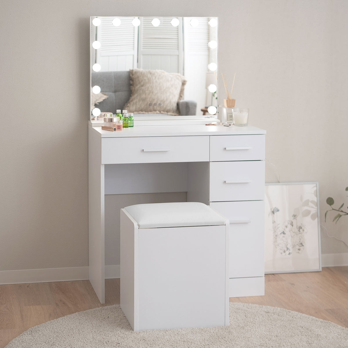 LEDライト付き ドレッサー 3点セット 幅70cm 鏡台 ドレッサーテーブル パソコンデスク スツール ハリウッドミラー 女優ミラー 椅子付き タッチパネル USBポート付き