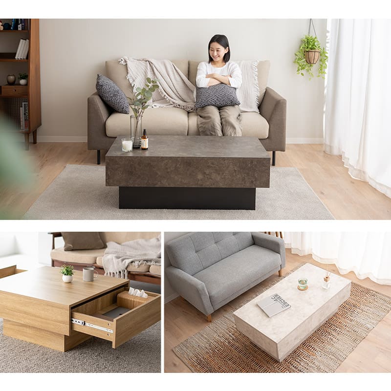 引き出し収納付き センターテーブル 幅105cm 幅80cm セラミック調 木目調 長方形 正方形 テーブル ローテーブル リビングテーブル デスク 作業台 食事 仕事 パソコン PC 在宅 リモート デスクワーク