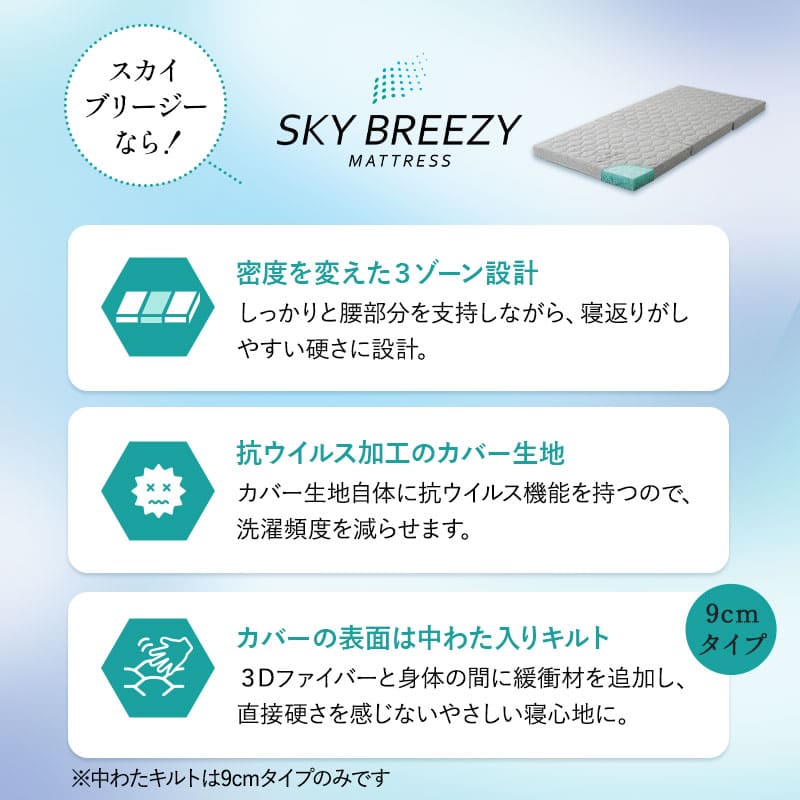 スカイブリージーマットレス 三つ折り 3つ折り 折りたたみ 抗ウイルス 日本製 高反発 3Dファイバー かため トッパー オーバーレイ 洗える 丸洗い 清潔 通気性抜群 ショールーム体験可