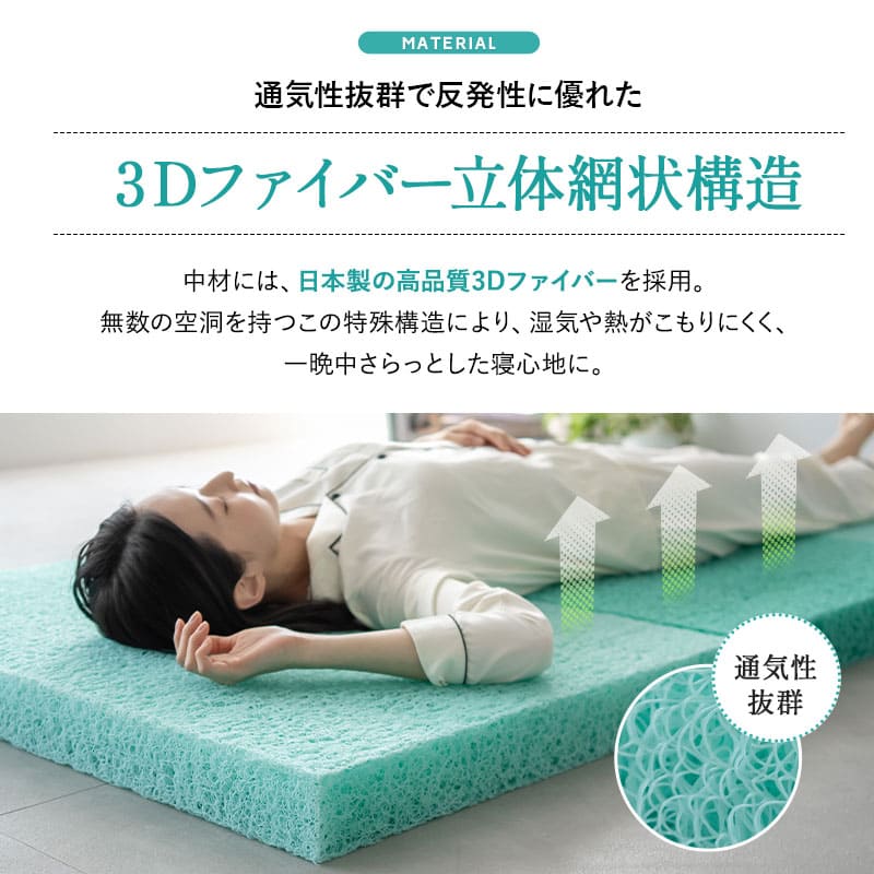 スカイブリージーマットレス 三つ折り 3つ折り 折りたたみ 抗ウイルス 日本製 高反発 3Dファイバー かため トッパー オーバーレイ 洗える 丸洗い 清潔 通気性抜群 ショールーム体験可