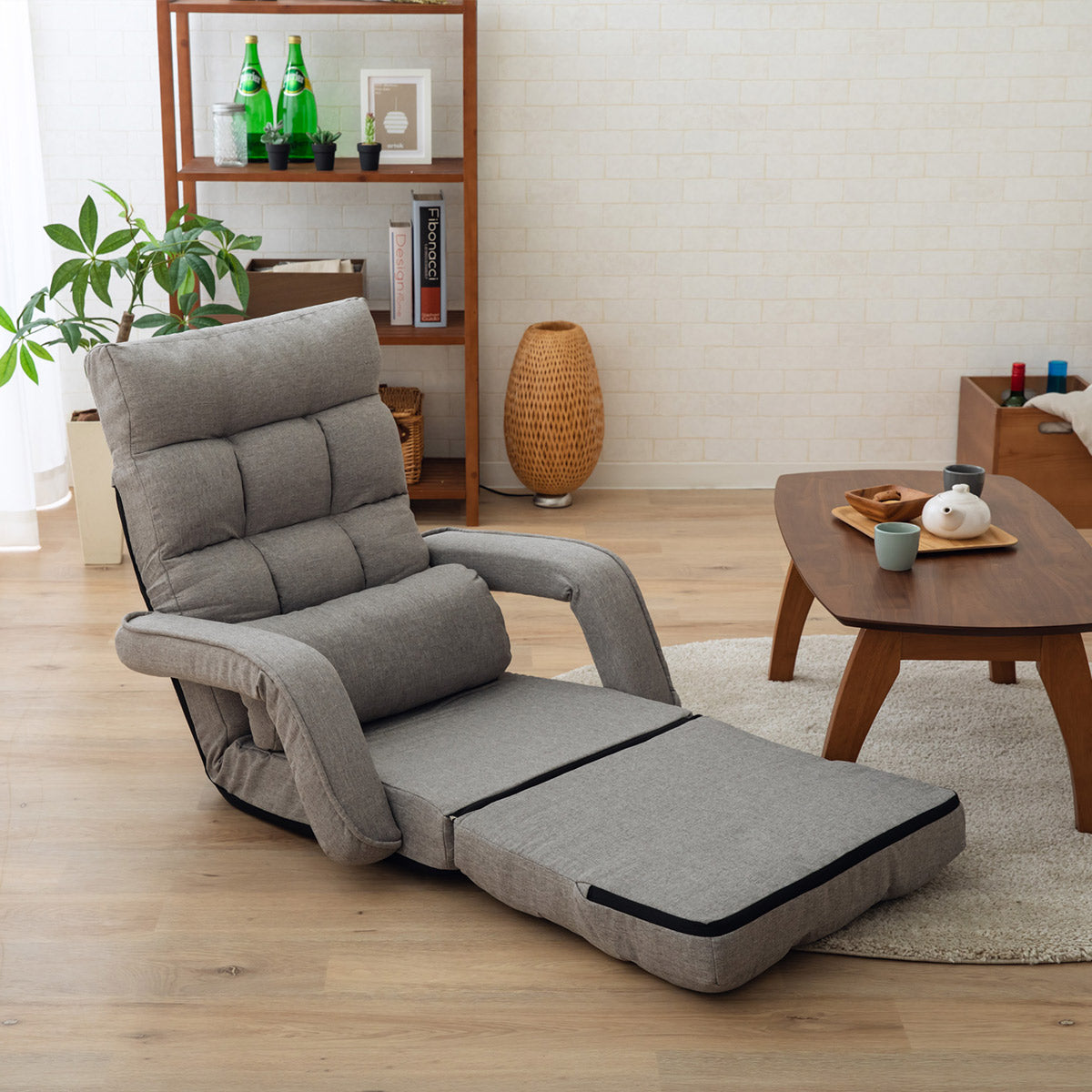 肘付きオットマン座椅子 1人用 座椅子 リクライニングチェア フロアチェア ソファ ベッド 肘掛け 14段階リクライニング