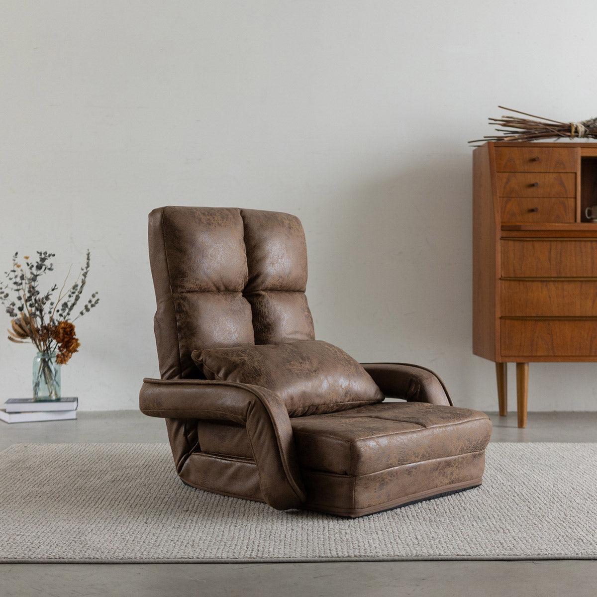 肘付きオットマン座椅子 1人用 座椅子 リクライニングチェア フロアチェア ソファ ベッド 肘掛け 14段階リクライニング