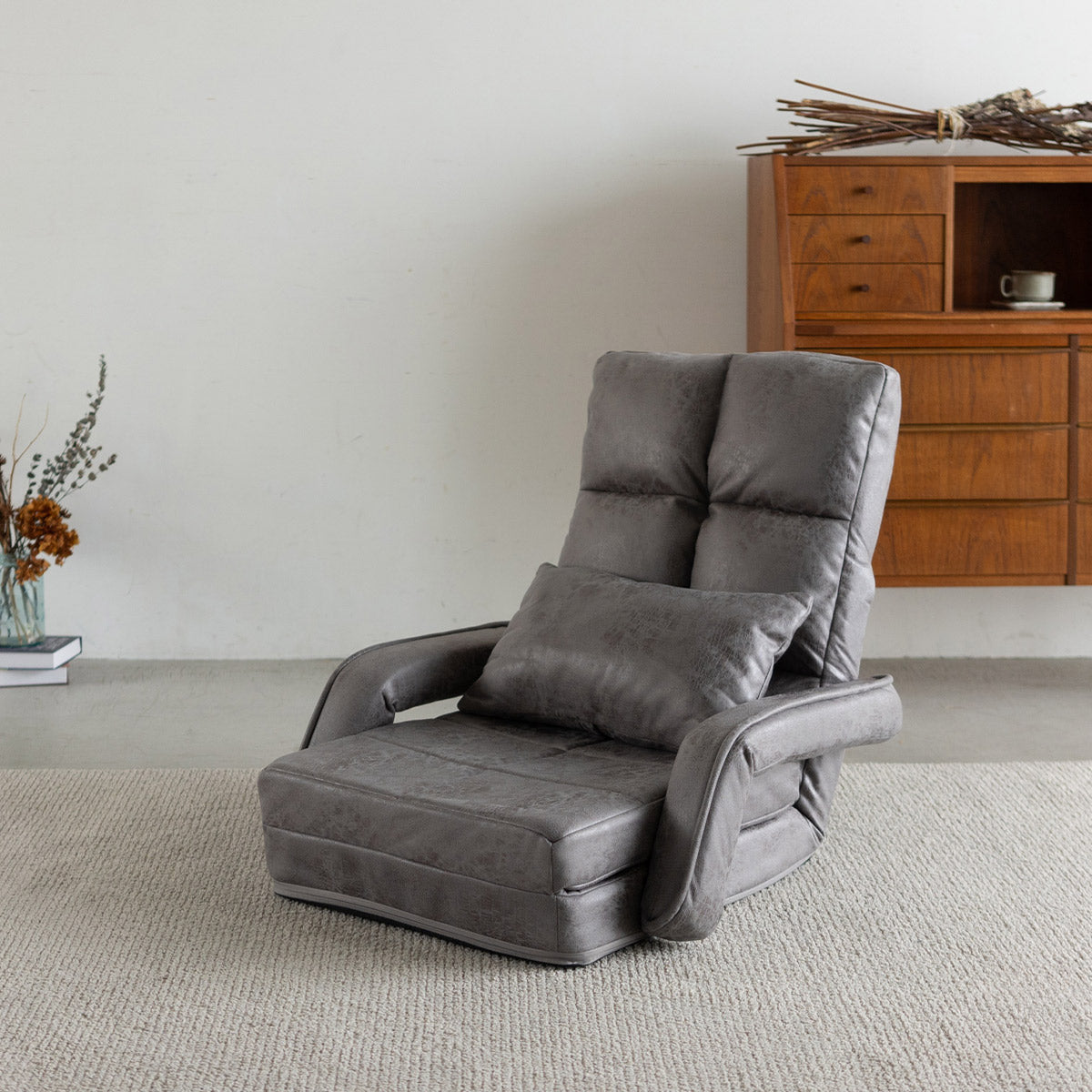 肘付きオットマン座椅子 1人用 座椅子 リクライニングチェア フロアチェア ソファ ベッド 肘掛け 14段階リクライニング