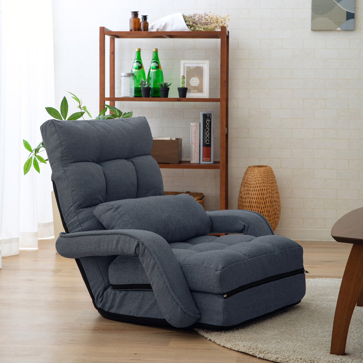 肘付きオットマン座椅子 1人用 座椅子 リクライニングチェア フロアチェア ソファ ベッド 肘掛け 14段階リクライニング