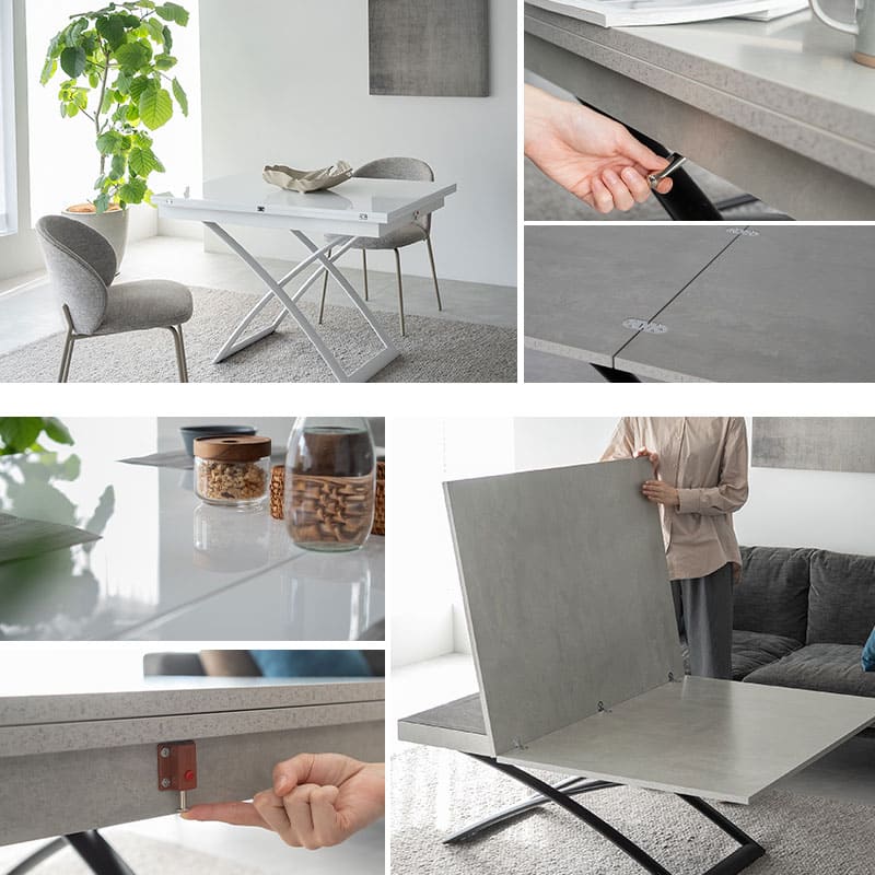マジックテーブル 幅110cm 昇降式 伸長式 高さ調節可能 リフトテーブル ローテーブル ダイニングテーブル センターテーブル パソコンデスク ワークデスク 机 作業台 ストーン調 石目調 スチール脚 食卓用