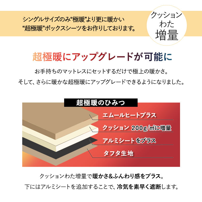 ボックスシーツ BOXシーツ ベッドシーツ ベッドカバー マットレスカバー 敷きカバー 布団カバー 極暖 超極暖 +4℃ 吸湿発熱 あったか 秋 冬 防寒対策 寒さ対策 冷え対策