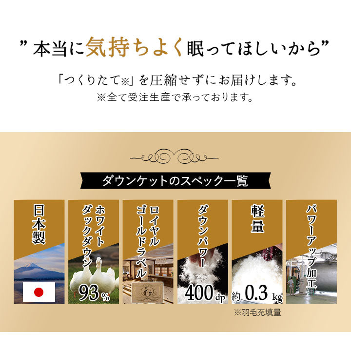 羽毛肌掛け布団 シングル 日本製 ロイヤルゴールドラベル ダウンケット ポーランド産ホワイトダックダウン93% 非圧縮 ループ付き 収納ケース付き