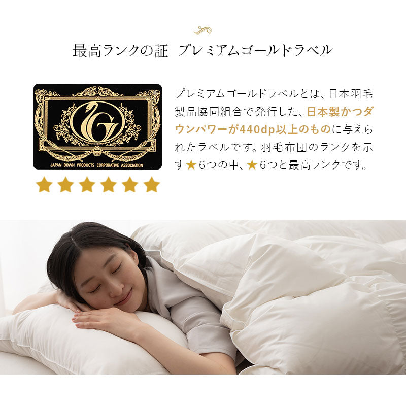羽毛布団 キング 日本製 プレミアムゴールドラベル ポーランド産ホワイトグースダウン95% 非圧縮 ハイブリッド新合繊生地使用 軽量 収納ケース付き ループ付き