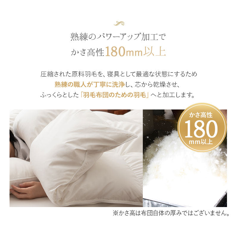 羽毛布団 クイーン 日本製 プレミアムゴールドラベル ポーランド産ホワイトグースダウン95% 非圧縮 ハイブリッド新合繊生地使用 軽量 収納ケース付き ループ付き