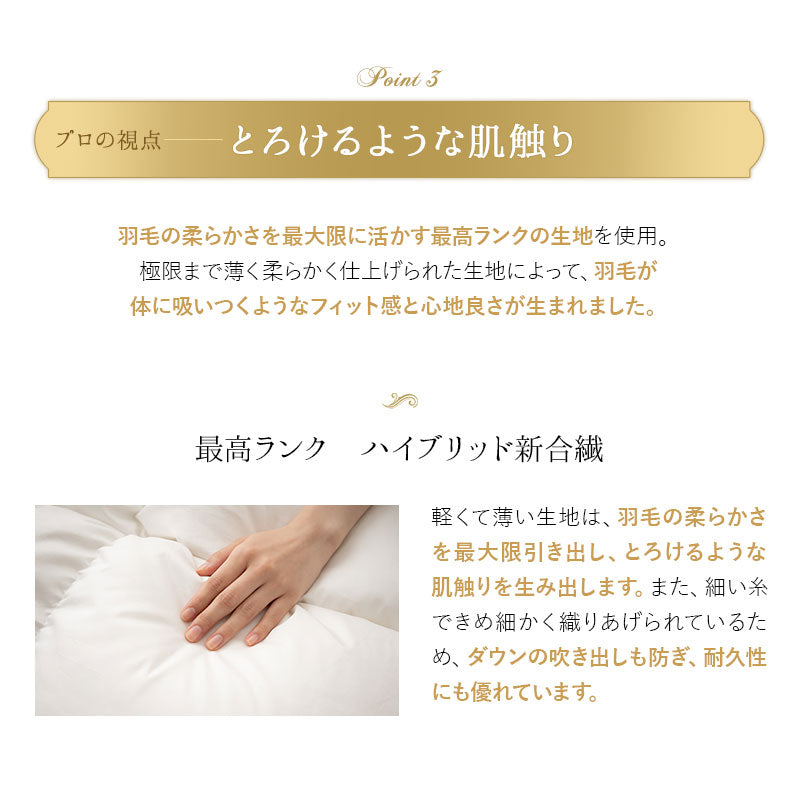 羽毛布団 キング 日本製 プレミアムゴールドラベル ポーランド産ホワイトグースダウン95% 非圧縮 ハイブリッド新合繊生地使用 軽量 収納ケース付き ループ付き