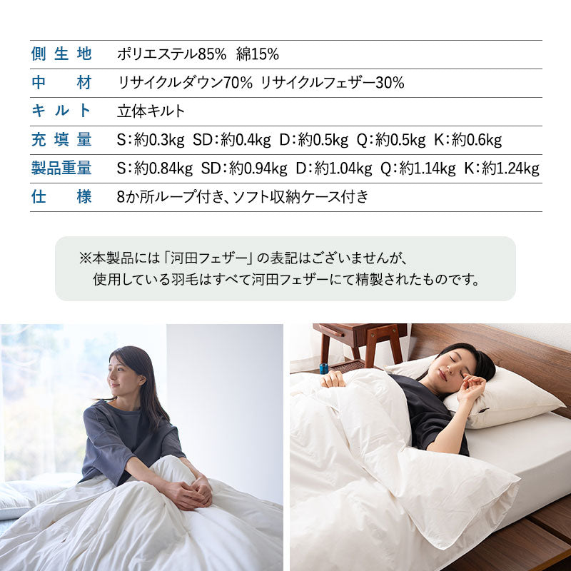 肌掛け布団 羽毛布団 リサイクル羽毛 再生羽毛 清潔 軽量 高品質 掛け布団 ダウンケット 収納ケース付き ループ付き 冷え エアコン 冷房 クーラー 春~秋 リサイクルダウン リサイクルフェザー 河田フェザー