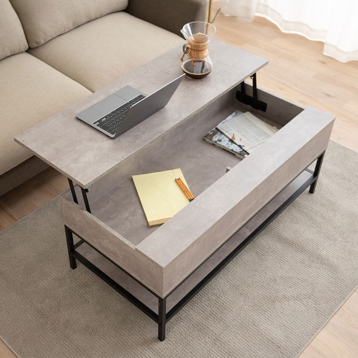 リフトアップテーブル 幅113cm ロングタイプ 長方形 昇降式 高さ調節可能 収納付き リフトテーブル ローテーブル センターテーブル 昇降式デスク パソコンデスク ワークデスク 机 作業台 木製 食事 仕事 リビング ダイニング