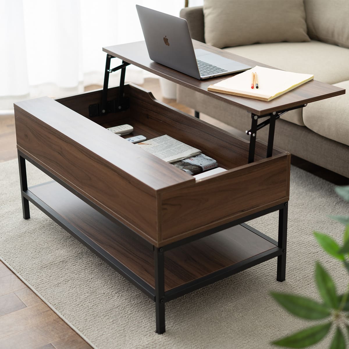 リフトアップテーブル 幅90cm 長方形 昇降式 高さ調節可能 収納付き リフトテーブル ローテーブル センターテーブル 昇降式デスク パソコンデスク ワークデスク 机 作業台 木製 食事 仕事 リビング ダイニング