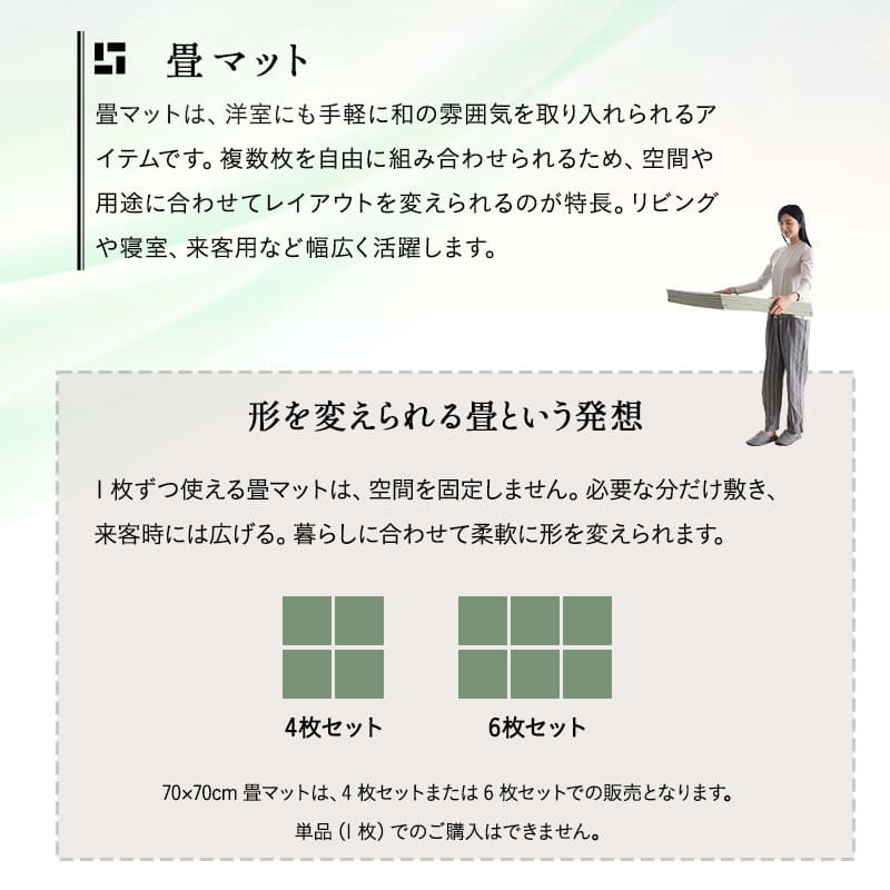 畳マット い草マット 幅70cm 正方形 4枚セット 6枚セット 天然い草 防カビ 消臭 空気洗浄 湿度調整 吸汗 滑り止め付き マット ラグ 敷物 下敷き 軽量 コンパクト 洋室 和室 敷くだけ