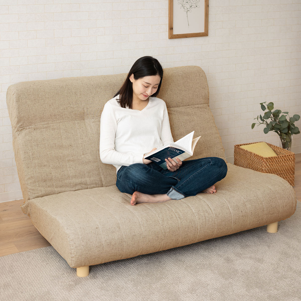 低反発リクライニングソファ 2人用 フロアソファ ハイバック~フラット 脚付き