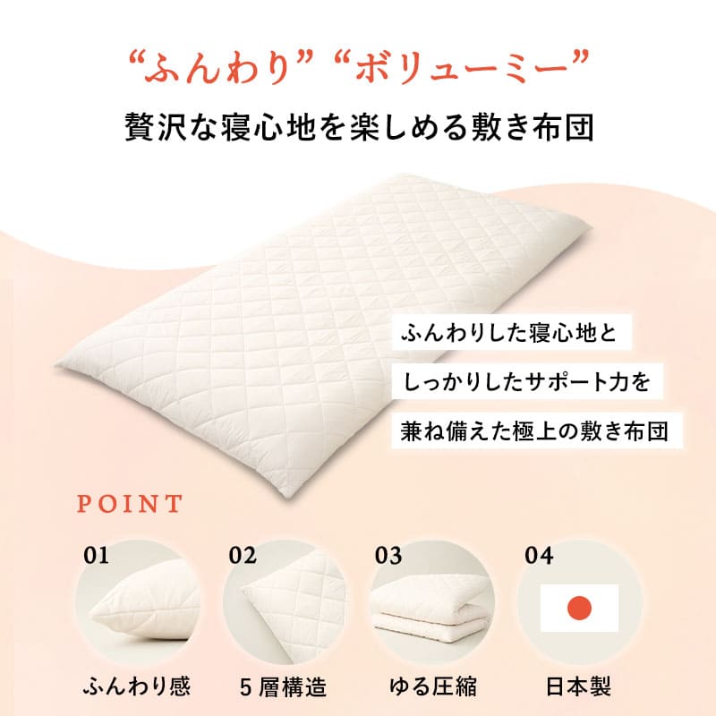 ふんわりボリューム敷き布団 極厚敷き布団 日本製 5層構造 極厚11cm ヘムレス 折りたたみ 軽量 腰痛対策