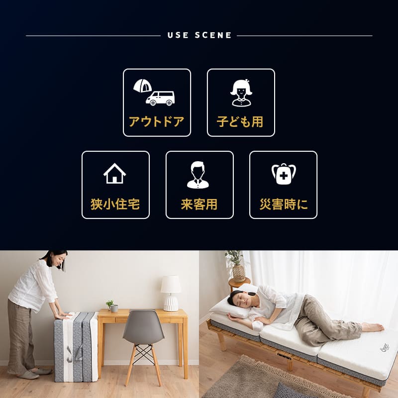 プレミアムマットレス コンパクトショート 幅65cm 極厚 15cm 高反発ウレタン 3層構造 三つ折り 3つ折り 折りたたみ コンパクトマットレス ごろ寝