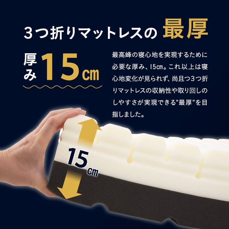 プレミアムマットレス コンパクトショート 幅65cm 極厚 15cm 高反発ウレタン 3層構造 三つ折り 3つ折り 折りたたみ コンパクトマットレス ごろ寝