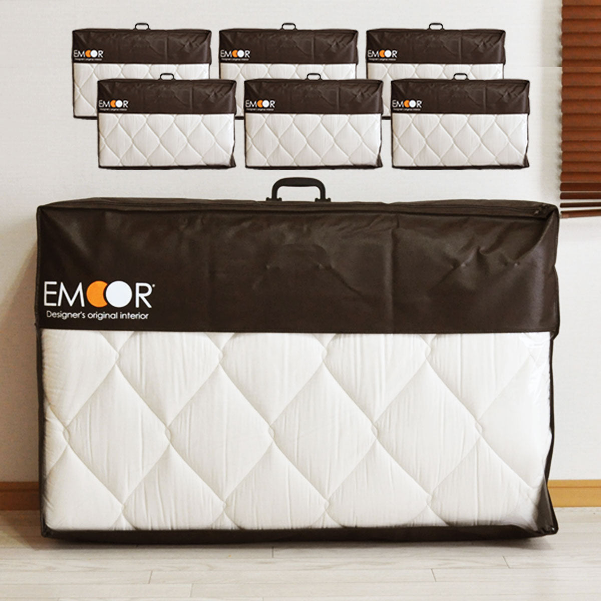 エムールオリジナル 敷き布団収納ケース 6点セット (3つ折りができる敷き布団対応) 持ち手付き ダブルファスナー付き 中身が見える透明ビニール窓仕様