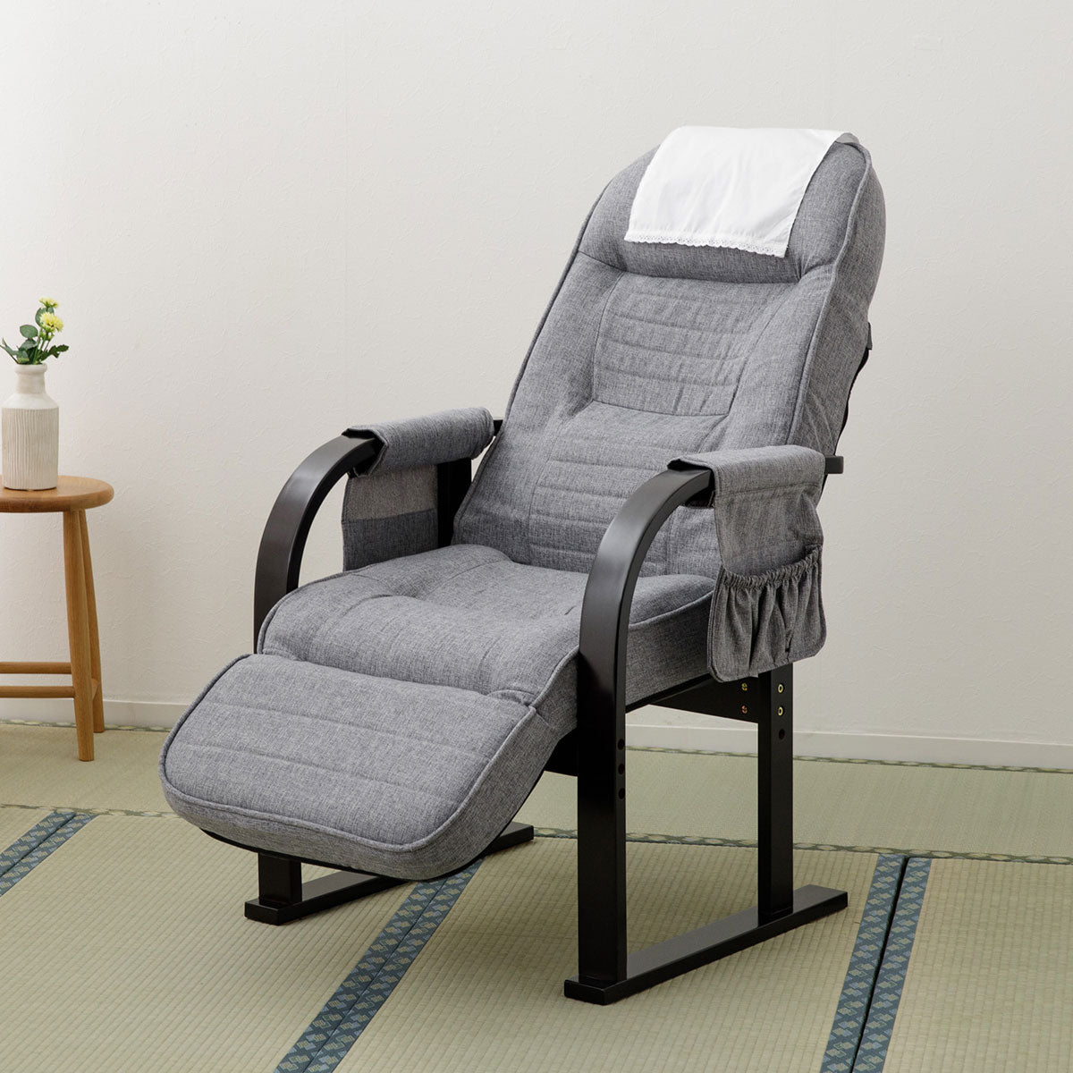 高座椅子 「きらく」 オットマン付き 7段階リクライニング サイドポケット付き ヘッドカバー付き 座面高調節可 組立不要 すぐに使える完成品