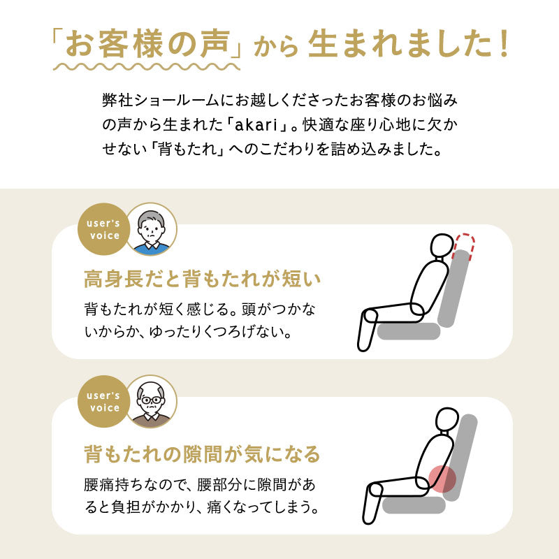 【有吉くんの正直さんぽで絶賛】背もたれにこだわった高座椅子 「あかり」 リクライニングチェア 可動式クッション 高さ調節可 無段階リクライニング ショールーム体験可 完成品