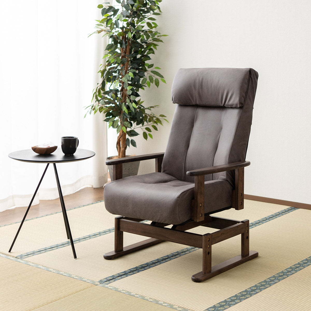 安全ストッパー付き 回転高座椅子 「れおん」 リクライニングチェア ロック機能付き 無段階リクライニング 座面高調節可 ショールーム体験可 完成品