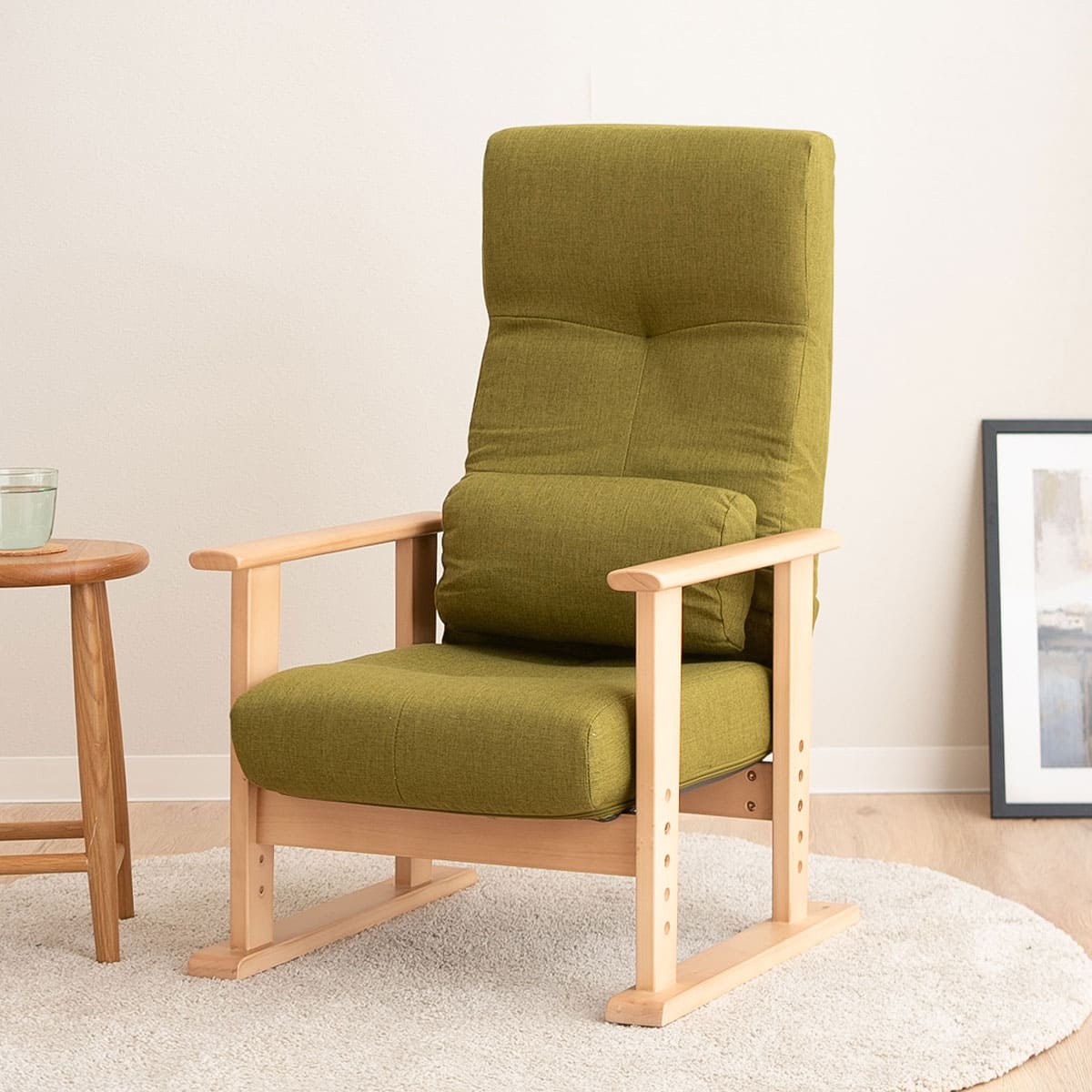 高座椅子 「きらく」 リクライニングチェア レバータイプ 組立不要 肘付き 座面調節可 角度調節可 立ち座り 腰痛 膝痛 サポート 軽量 完成品