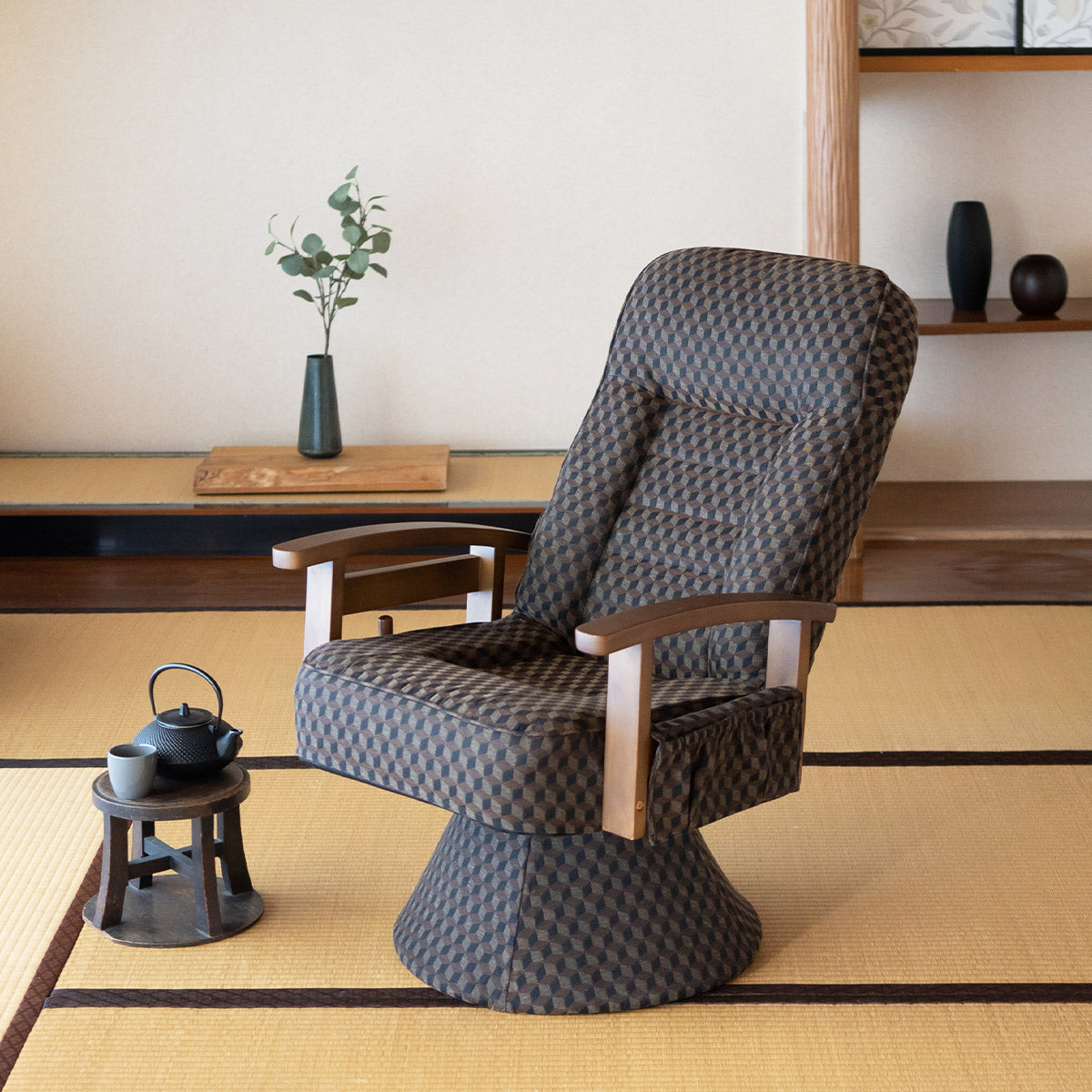 360度回転 高座椅子 「ゆるり」 レバー式 リクライニングチェア ハイバック 肘付き サイドポケット付き 旅館 和モダン