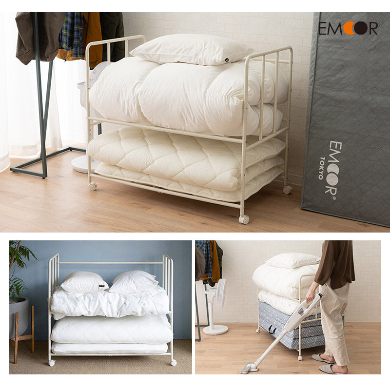 布団収納ラック 2段 大容量 取り出しやすい キャスター付き 高さ調節可能 通気性 収納 棚 台 布団セット 来客用 ふとん マットレス スーツケース アウトドア用品 衣類 寝具 クローゼット 押入 省スペース 衣替え オフシーズン