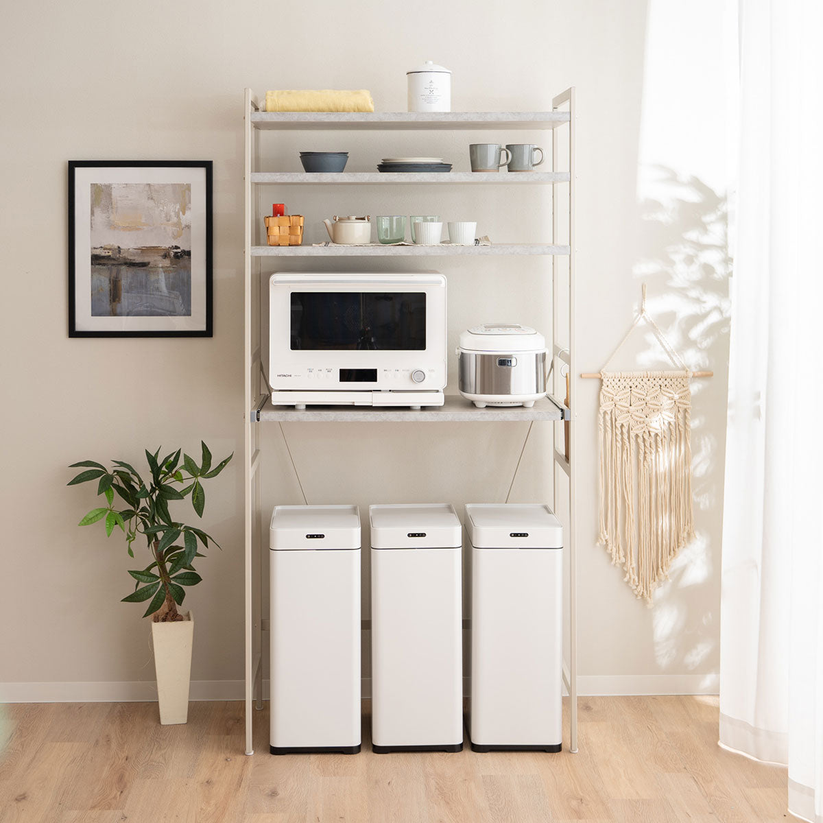 キッチンラック 幅90cm ハイタイプ 4段 スライドトレー付き 大型レンジ対応 収納ラック ゴミ箱上ラック レンジ台 レンジラック 収納棚 キャビネット ラック ゴミ箱上 冷蔵庫横 キッチン収納 収納家具