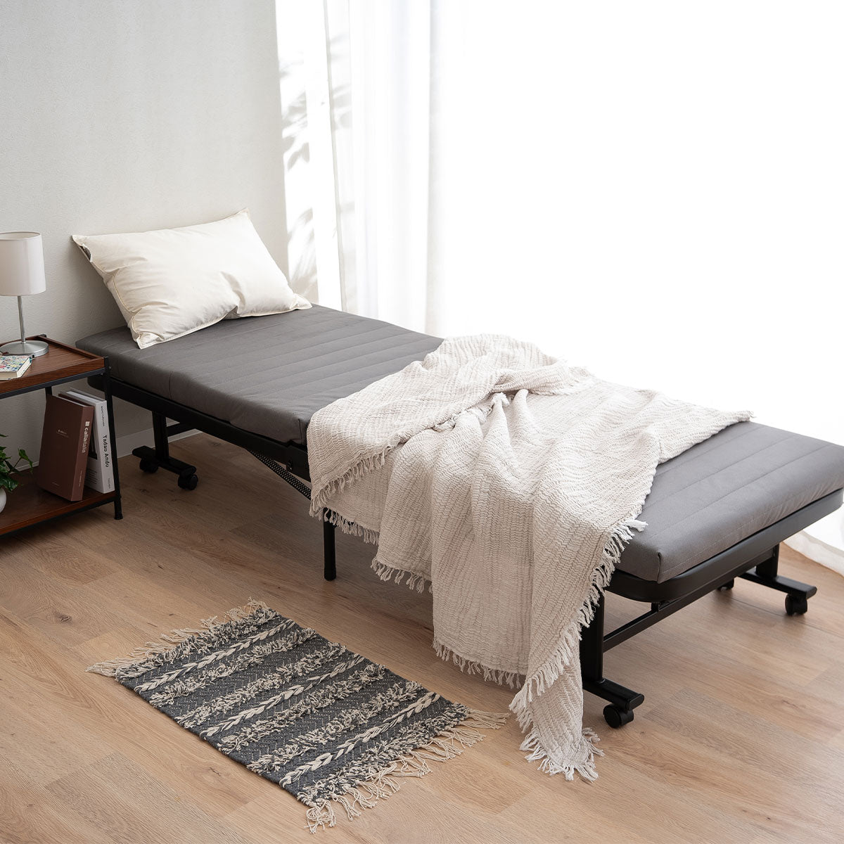 メホール スマート 折りたたみベッド シングルサイズ スリムサイズ 組立不要 背もたれ5段階リクライニング キャスター付き ファブレザー 完成品 ハイタイプ