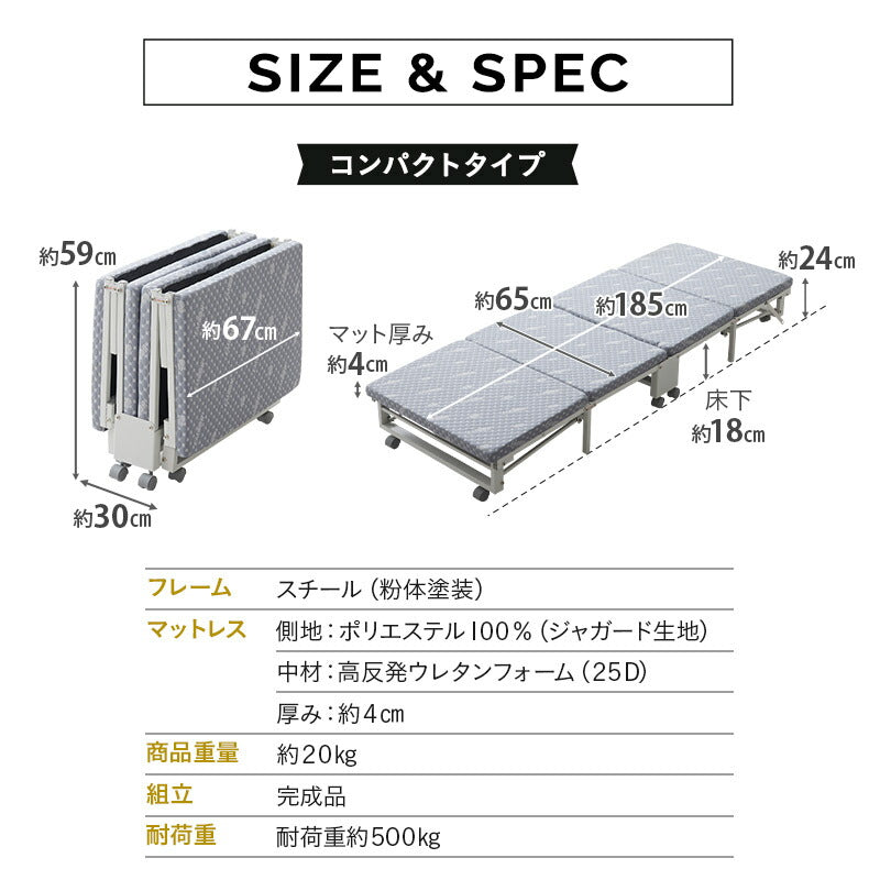 メホール クローゼットに収納できる 折りたたみベッド コンパクトサイズ 完成品 キャスター付き マットレス付