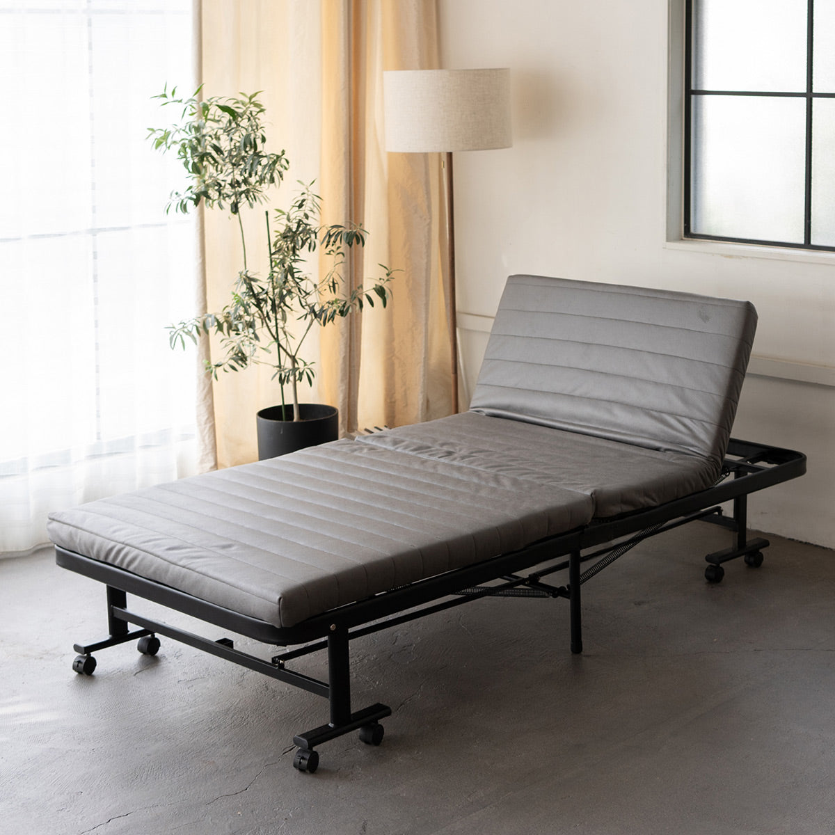 メホール スマート 折りたたみベッド シングルサイズ スリムサイズ 組立不要 背もたれ5段階リクライニング キャスター付き ファブレザー 完成品 ハイタイプ