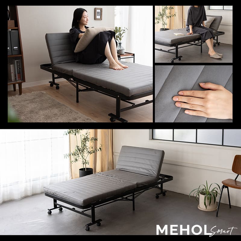 メホール スマート 折りたたみベッド シングルサイズ スリムサイズ 組立不要 背もたれ5段階リクライニング キャスター付き ファブレザー 完成品 ハイタイプ