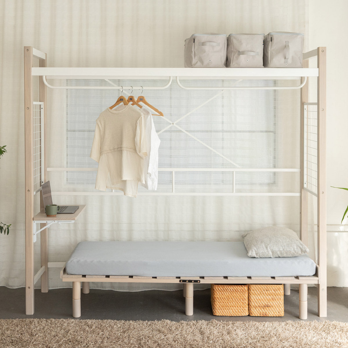 組み合わせて使う 省スペース システムベッド 3点セット (ハンガーシェルフ・デイベッド・コンパクトマットレス) 折りたたみデスク付き 棚付き ベッド上収納 壁面収納 コンパクトショート