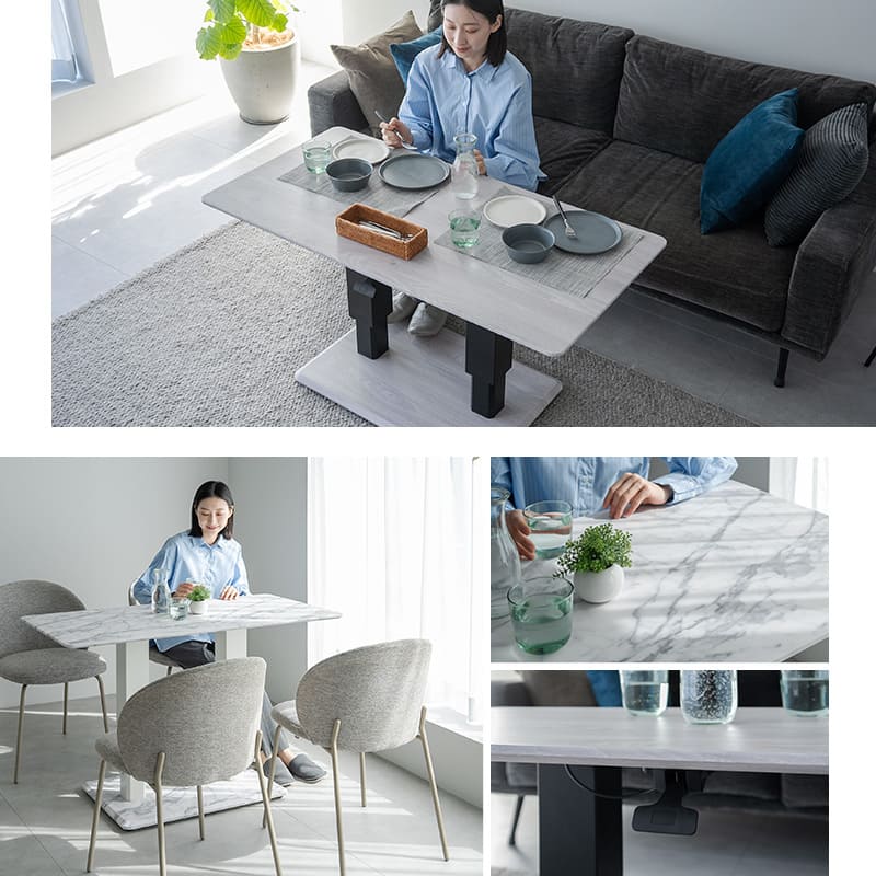 リフティングテーブル センターテーブル 幅120cm ガス圧昇降式 高さ調節可能 昇降式テーブル ダイニングテーブル  昇降式デスク 大理石調 木目調 二本脚 テーブル デスク 食事 仕事 リビング ダイニング