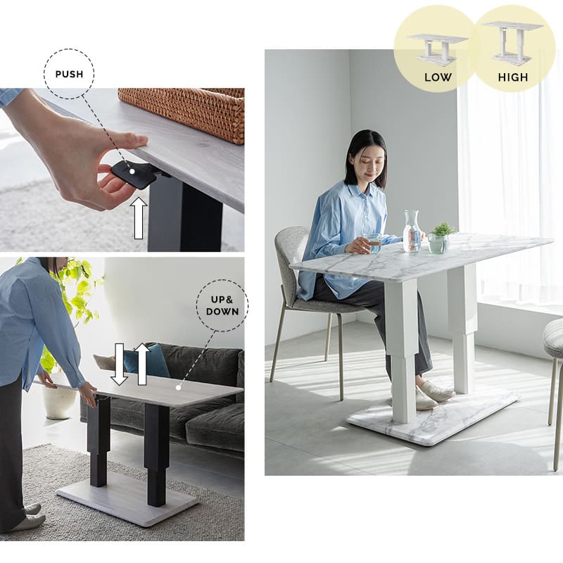 リフティングテーブル センターテーブル 幅120cm ガス圧昇降式 高さ調節可能 昇降式テーブル ダイニングテーブル  昇降式デスク 大理石調 木目調 二本脚 テーブル デスク 食事 仕事 リビング ダイニング