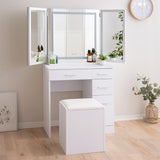 LEDライト付き ドレッサー 3点セット 幅70cm 鏡台 ドレッサーテーブル パソコンデスク スツール 三面鏡 台座付き 閉じても使える 女優ミラー スタンド 大型 タッチパネル 椅子付き