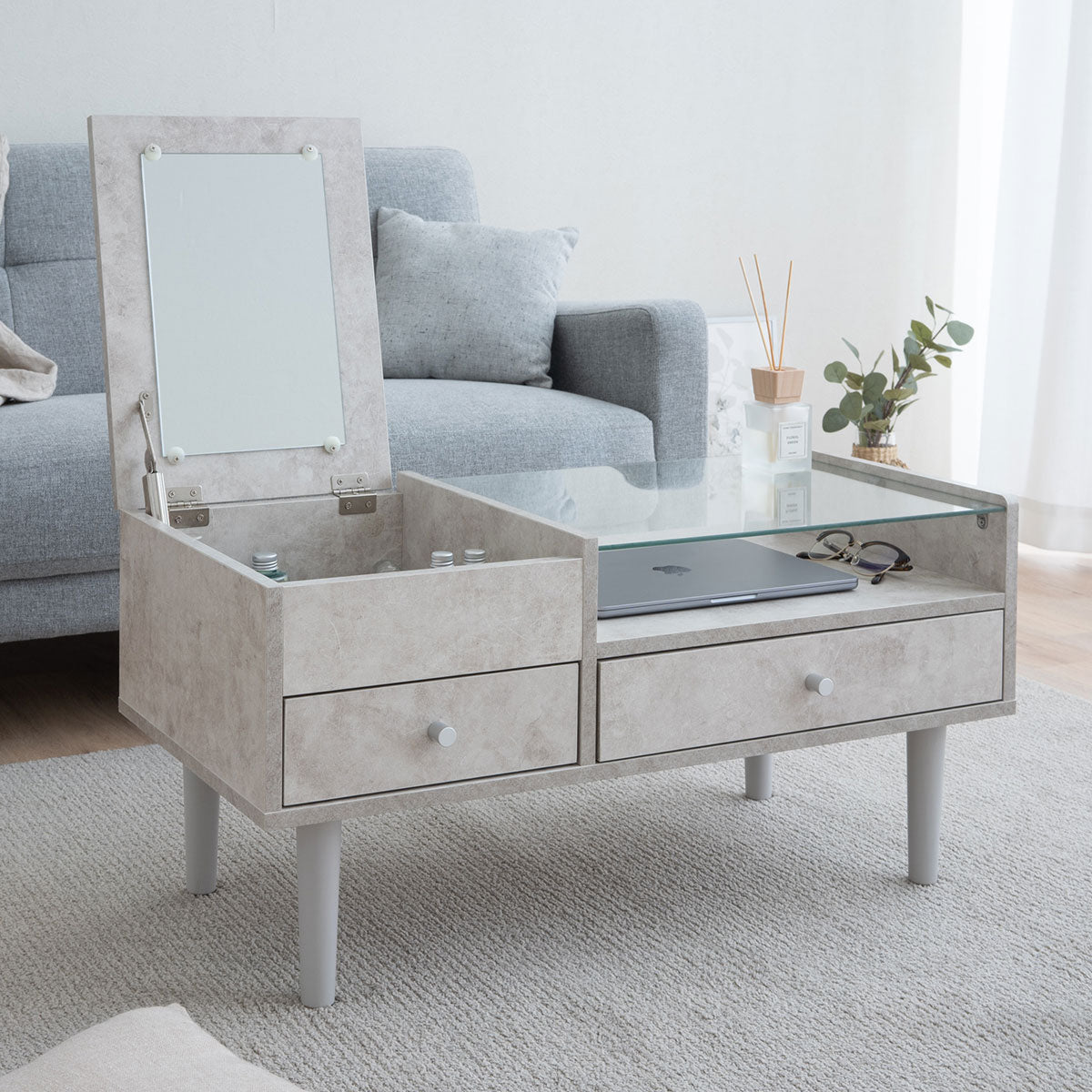 ドレッサーテーブル 幅80cm 完成品 ローテーブル 鏡台 1台2役 コンパクト センターテーブル 机 デスク 化粧台 メイク台 ロータイプ 木製 天然木 ガラス天板 引き出し収納 コスメ収納