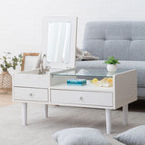 ドレッサーテーブル 幅80cm 完成品 ローテーブル 鏡台 1台2役 コンパクト センターテーブル 机 デスク 化粧台 メイク台 ロータイプ 木製 天然木 ガラス天板 引き出し収納 コスメ収納