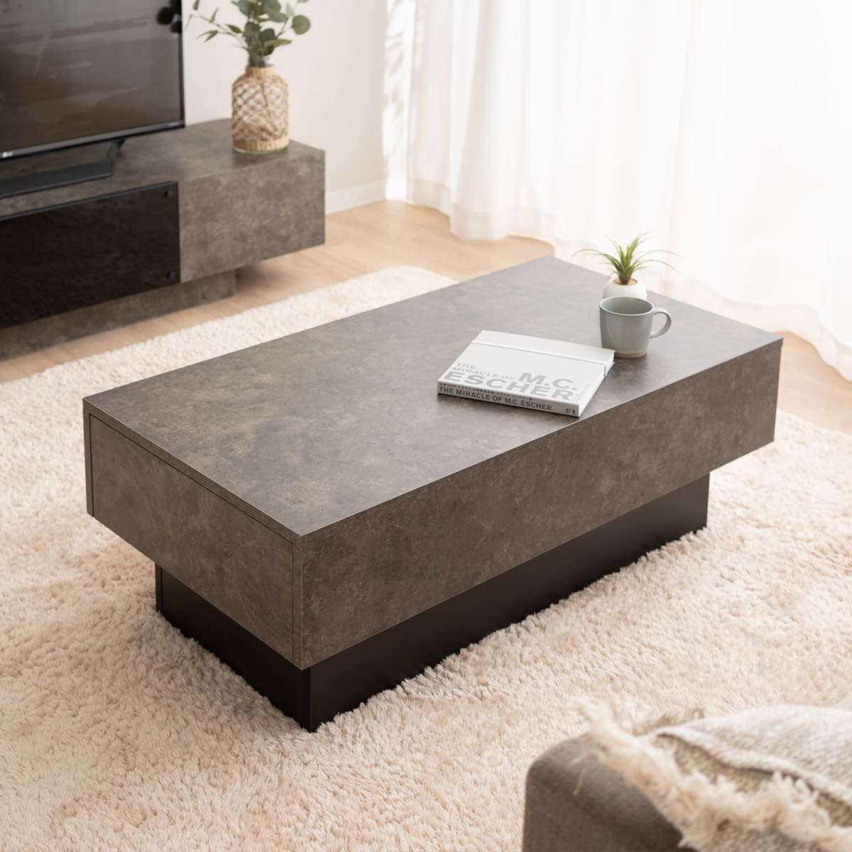 引き出し収納付き センターテーブル 幅105cm 幅80cm セラミック調 木目調 長方形 正方形 テーブル ローテーブル リビングテーブル デスク 作業台 食事 仕事 パソコン PC 在宅 リモート デスクワーク