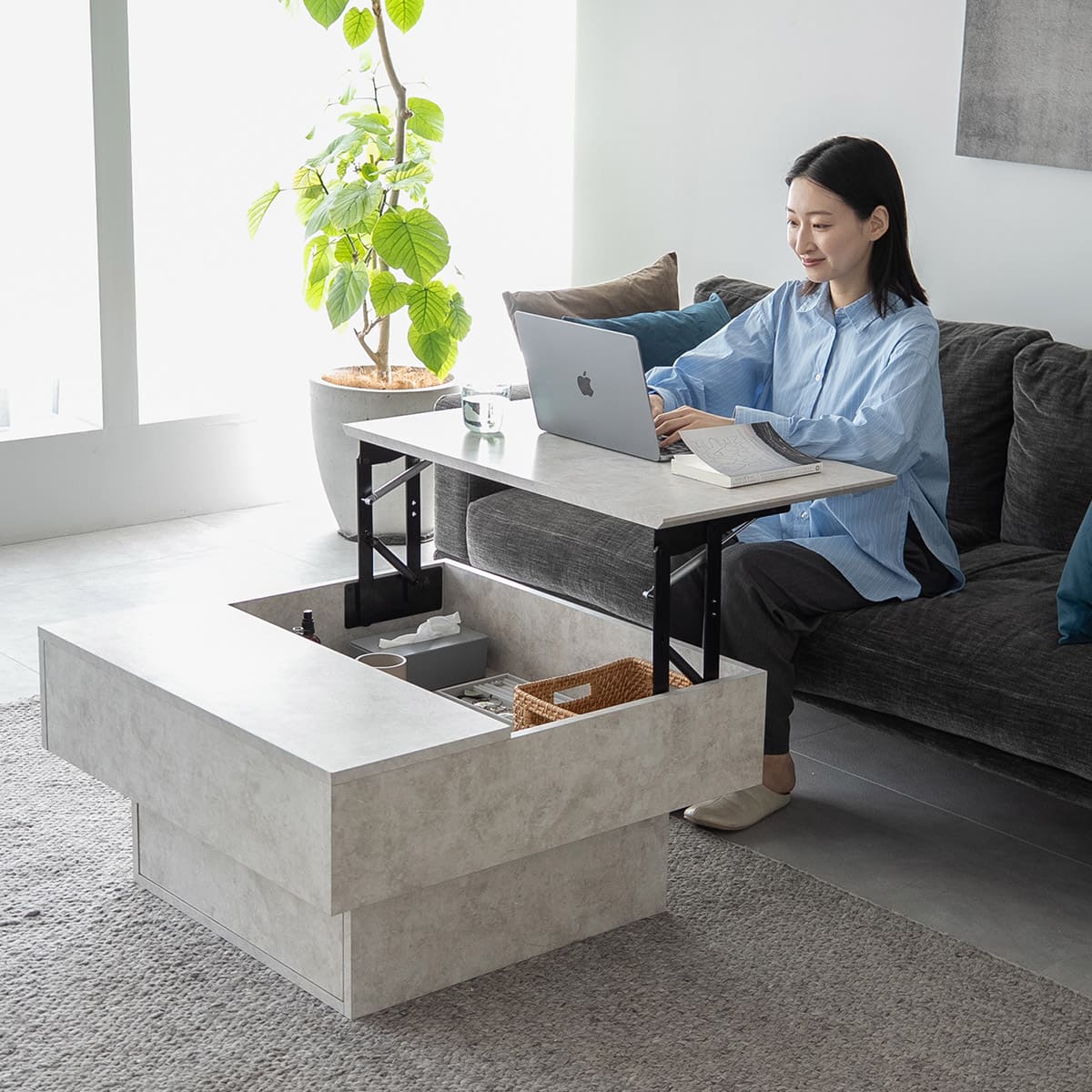 リフトアップテーブル 幅80cm 正方形 昇降式 高さ調節可能 収納付き リフトテーブル ローテーブル センターテーブル 昇降式デスク パソコンデスク ワークデスク 机 作業台 セラミック調 食事 仕事 リビング ダイニング