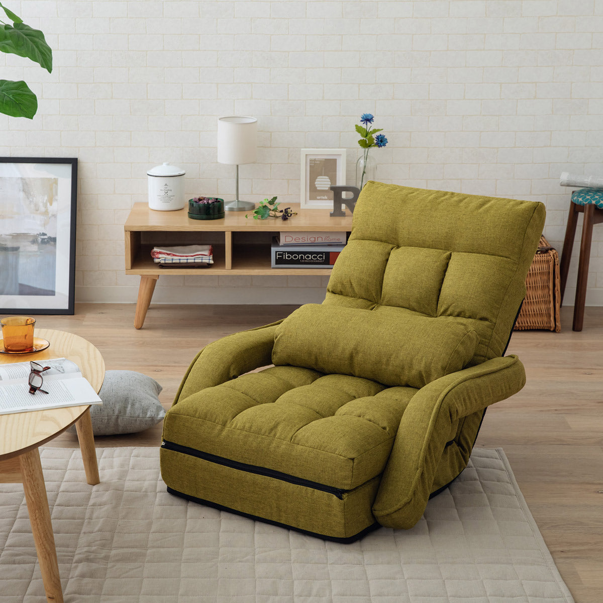 肘付きオットマン座椅子 1人用 座椅子 リクライニングチェア フロアチェア ソファ ベッド 肘掛け 14段階リクライニング