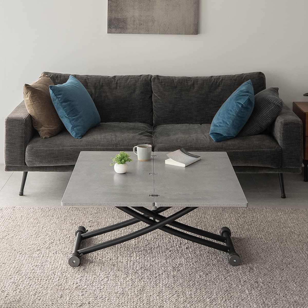 マジックテーブル 幅100cm 昇降式 伸長式 高さ調節可能 リフトテーブル ローテーブル ダイニングテーブル センターテーブル パソコンデスク ワークデスク 机 作業台 ストーン調 石目調 スチール脚 食卓用