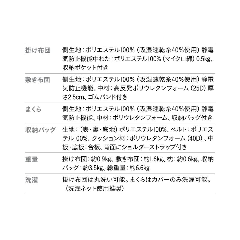 寝具コンビニ 布団4点セット セミシングル （掛け布団・敷き布団・枕・収納バッグ） 折りたたみ 省スペース 防災備蓄 青山ショールーム体験可