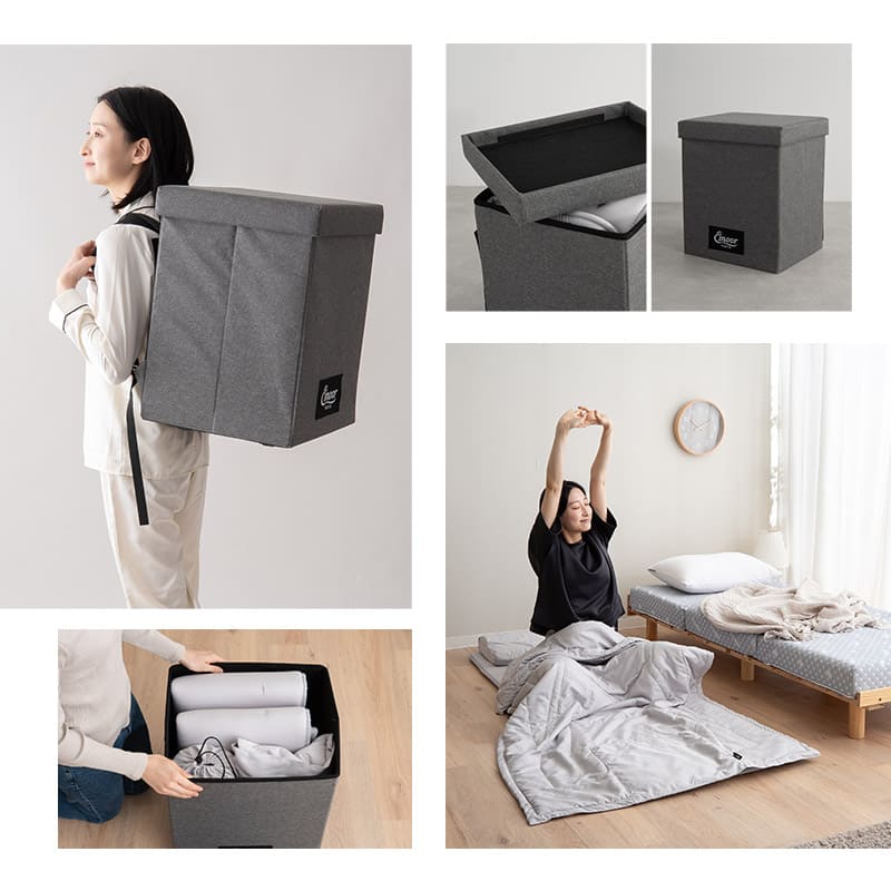 寝具コンビニ 布団4点セット セミシングル （掛け布団・敷き布団・枕・収納バッグ） 折りたたみ 省スペース 防災備蓄 青山ショールーム体験可