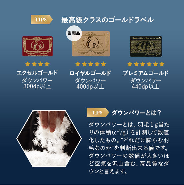 羽毛布団 クイーン 日本製 ロイヤルゴールドラベル ポーランド産ホワイトダックダウン93％ 非圧縮 新合繊生地使用 軽量 収納ケース付き ループ付き
