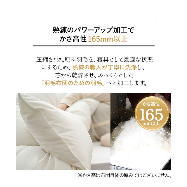 羽毛布団 ダブル 日本製 ロイヤルゴールドラベル ポーランド産ホワイトダックダウン93％ 非圧縮 新合繊生地使用 軽量 収納ケース付き ループ付き